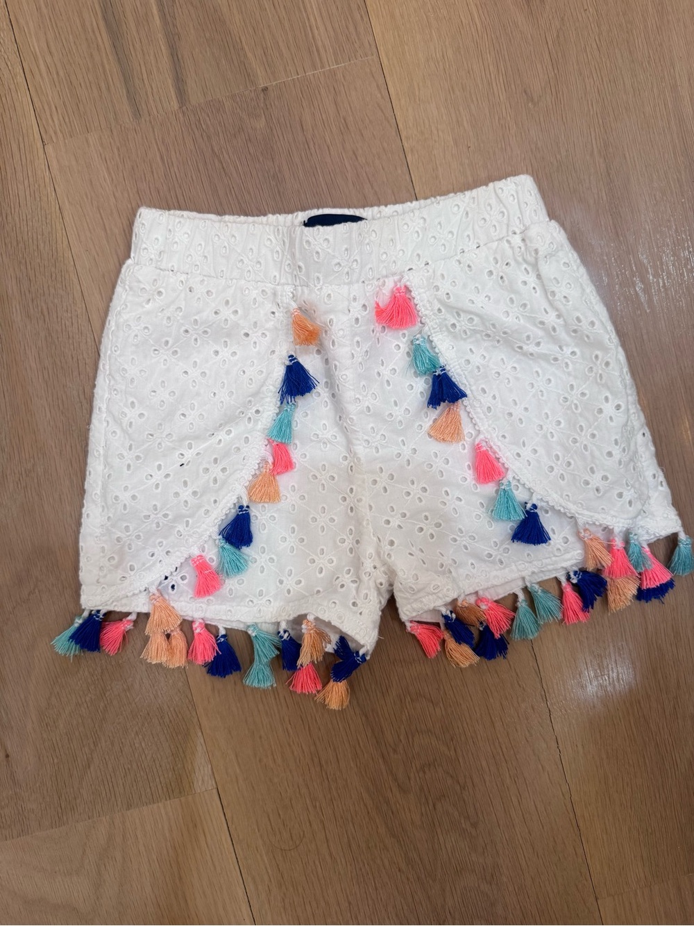 Little Girls White Eyelet Tassel Trim Shorts/coverup